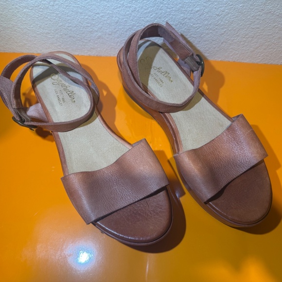 SEYCHELLES Monogram Flatform Brown Pebbled Leather Sandals Size 8.5 - Picture 3 of 12